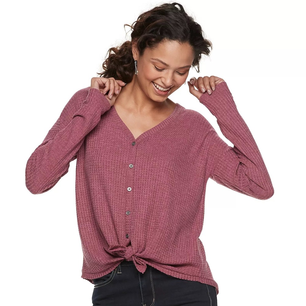 SO Women's Waffle Knit Button Front Thermal Top Large V-Neck Long‎ Sleeve